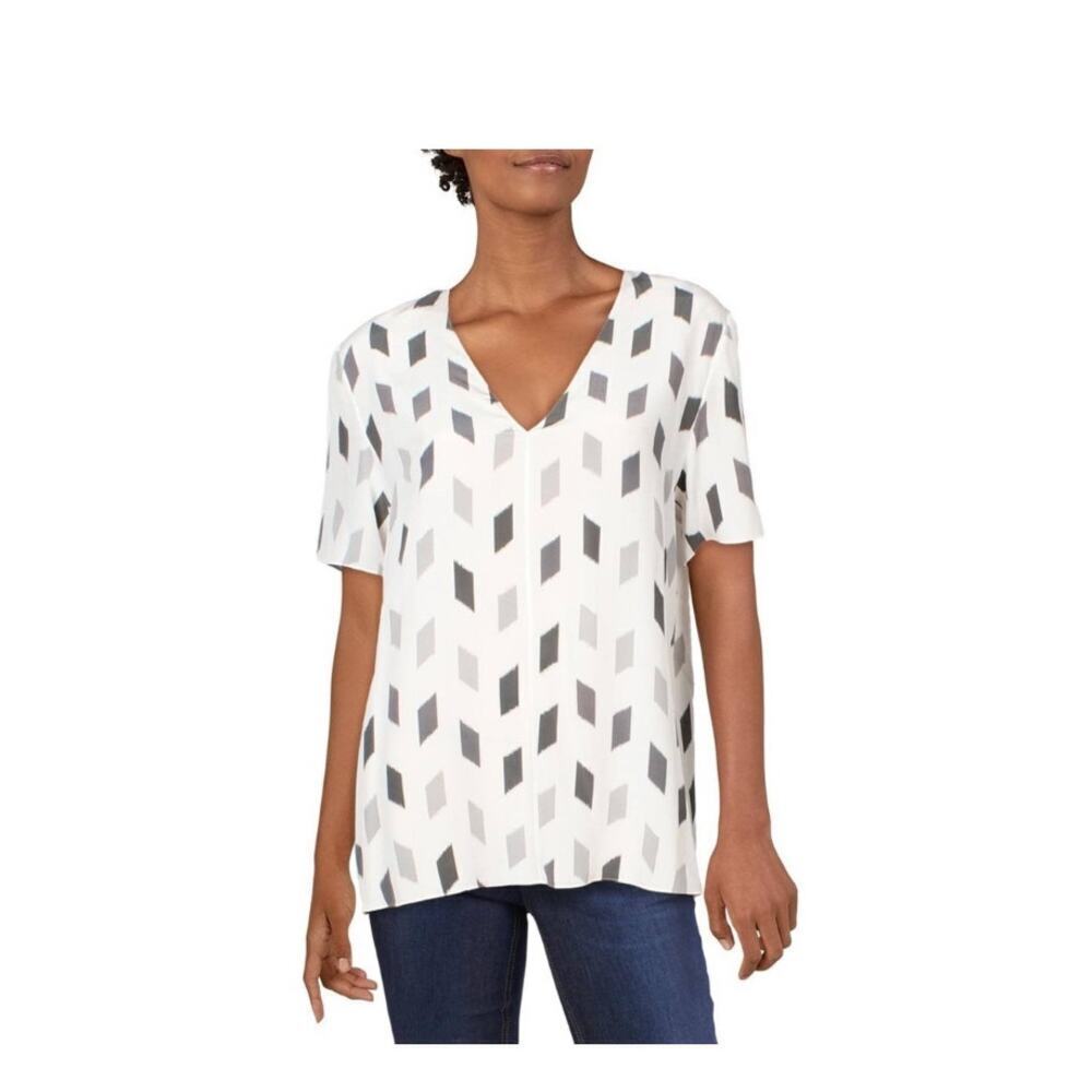 Theory White A-Line Brush Printed V- Neck Silk Blouse Size Small